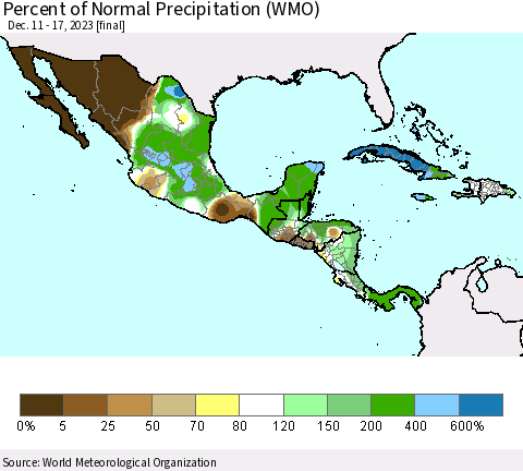 Mexico Central America and the Caribbean Percent of Normal Precipitation (WMO) Thematic Map For 12/11/2023 - 12/17/2023