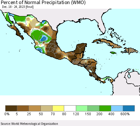 Mexico Central America and the Caribbean Percent of Normal Precipitation (WMO) Thematic Map For 12/18/2023 - 12/24/2023