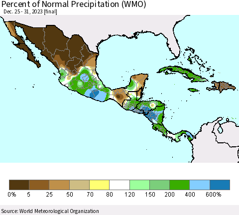 Mexico Central America and the Caribbean Percent of Normal Precipitation (WMO) Thematic Map For 12/25/2023 - 12/31/2023
