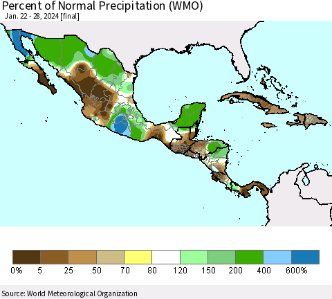 Mexico Central America and the Caribbean Percent of Normal Precipitation (WMO) Thematic Map For 1/22/2024 - 1/28/2024