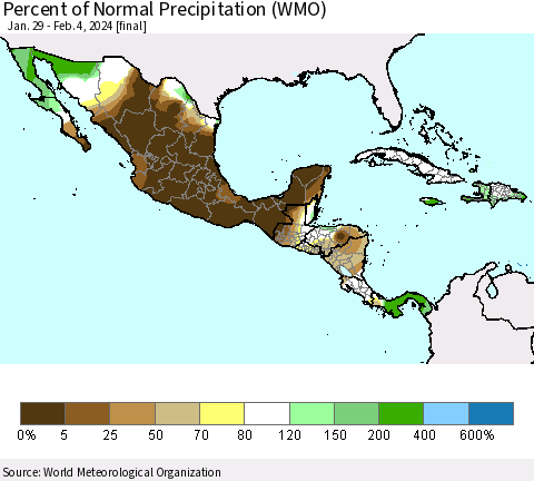 Mexico Central America and the Caribbean Percent of Normal Precipitation (WMO) Thematic Map For 1/29/2024 - 2/4/2024