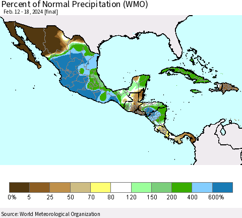Mexico Central America and the Caribbean Percent of Normal Precipitation (WMO) Thematic Map For 2/12/2024 - 2/18/2024