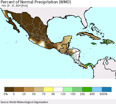 Mexico Central America and the Caribbean Percent of Normal Precipitation (WMO) Thematic Map For 2/19/2024 - 2/25/2024