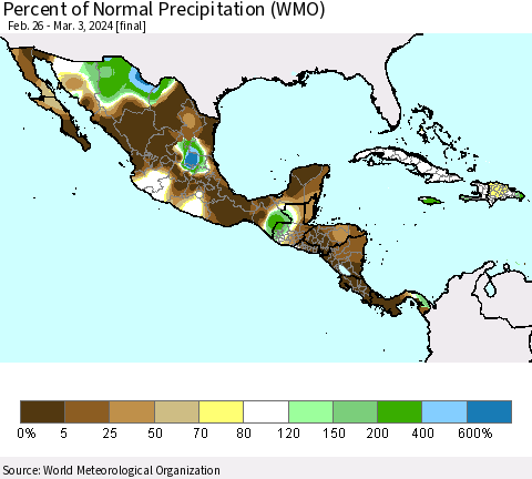 Mexico Central America and the Caribbean Percent of Normal Precipitation (WMO) Thematic Map For 2/26/2024 - 3/3/2024