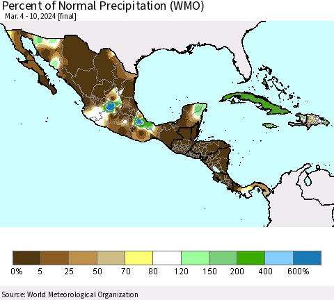 Mexico Central America and the Caribbean Percent of Normal Precipitation (WMO) Thematic Map For 3/4/2024 - 3/10/2024