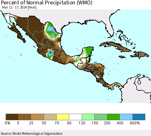 Mexico Central America and the Caribbean Percent of Normal Precipitation (WMO) Thematic Map For 3/11/2024 - 3/17/2024