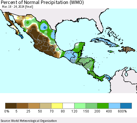 Mexico Central America and the Caribbean Percent of Normal Precipitation (WMO) Thematic Map For 3/18/2024 - 3/24/2024