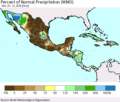Mexico Central America and the Caribbean Percent of Normal Precipitation (WMO) Thematic Map For 3/25/2024 - 3/31/2024
