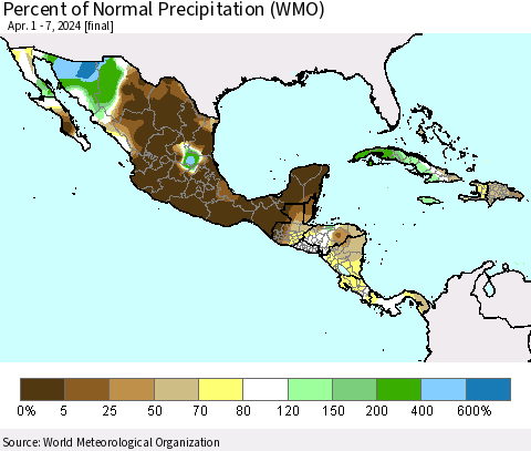 Mexico Central America and the Caribbean Percent of Normal Precipitation (WMO) Thematic Map For 4/1/2024 - 4/7/2024