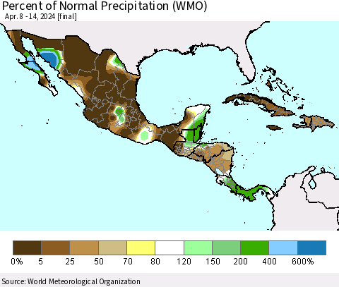 Mexico Central America and the Caribbean Percent of Normal Precipitation (WMO) Thematic Map For 4/8/2024 - 4/14/2024