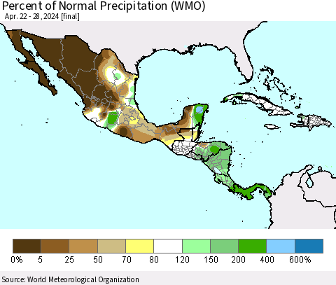 Mexico Central America and the Caribbean Percent of Normal Precipitation (WMO) Thematic Map For 4/22/2024 - 4/28/2024