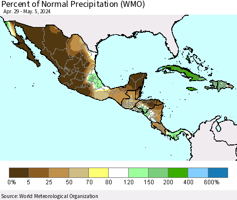 Mexico Central America and the Caribbean Percent of Normal Precipitation (WMO) Thematic Map For 4/29/2024 - 5/5/2024