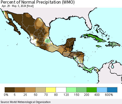 Mexico Central America and the Caribbean Percent of Normal Precipitation (WMO) Thematic Map For 4/29/2024 - 5/5/2024