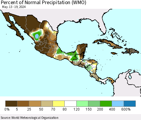 Mexico Central America and the Caribbean Percent of Normal Precipitation (WMO) Thematic Map For 5/13/2024 - 5/19/2024