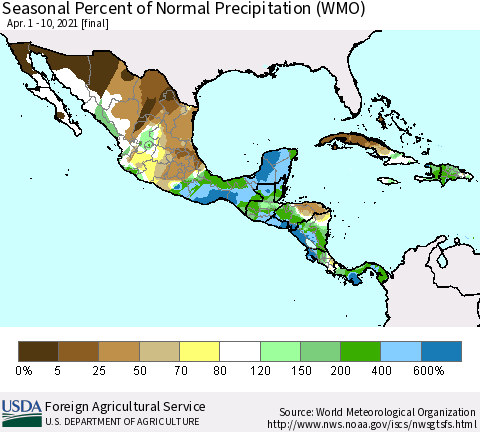 Mexico Central America and the Caribbean Seasonal Percent of Normal Precipitation (WMO) Thematic Map For 4/1/2021 - 4/10/2021