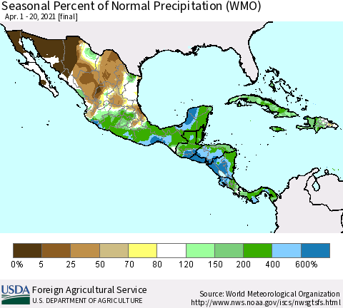 Mexico Central America and the Caribbean Seasonal Percent of Normal Precipitation (WMO) Thematic Map For 4/1/2021 - 4/20/2021