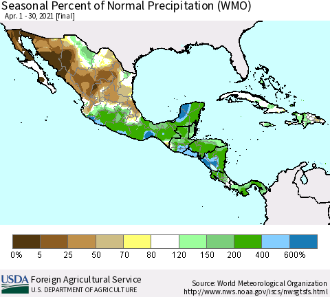 Mexico Central America and the Caribbean Seasonal Percent of Normal Precipitation (WMO) Thematic Map For 4/1/2021 - 4/30/2021