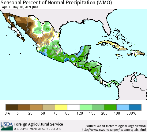 Mexico Central America and the Caribbean Seasonal Percent of Normal Precipitation (WMO) Thematic Map For 4/1/2021 - 5/10/2021
