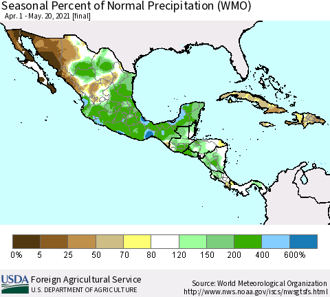Mexico Central America and the Caribbean Seasonal Percent of Normal Precipitation (WMO) Thematic Map For 4/1/2021 - 5/20/2021