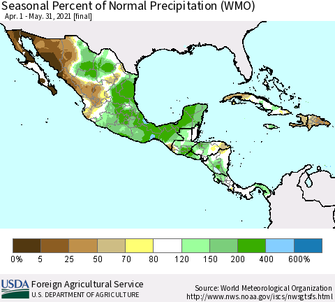 Mexico Central America and the Caribbean Seasonal Percent of Normal Precipitation (WMO) Thematic Map For 4/1/2021 - 5/31/2021