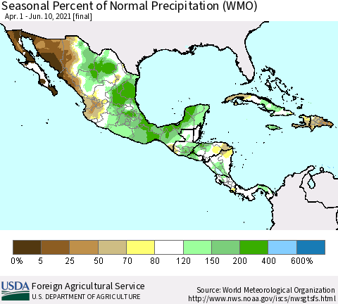 Mexico Central America and the Caribbean Seasonal Percent of Normal Precipitation (WMO) Thematic Map For 4/1/2021 - 6/10/2021