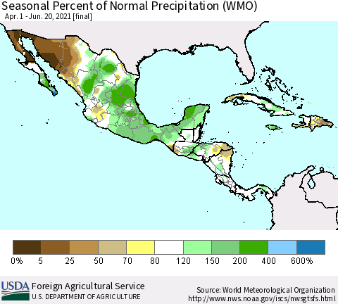 Mexico Central America and the Caribbean Seasonal Percent of Normal Precipitation (WMO) Thematic Map For 4/1/2021 - 6/20/2021