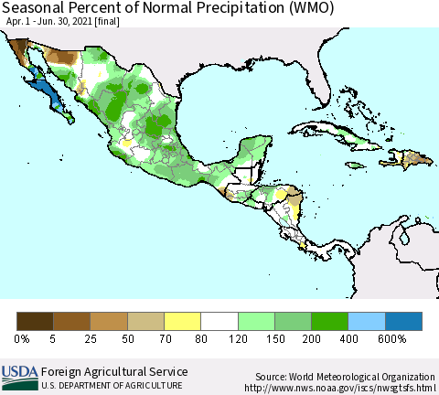Mexico Central America and the Caribbean Seasonal Percent of Normal Precipitation (WMO) Thematic Map For 4/1/2021 - 6/30/2021