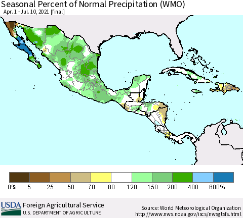 Mexico Central America and the Caribbean Seasonal Percent of Normal Precipitation (WMO) Thematic Map For 4/1/2021 - 7/10/2021