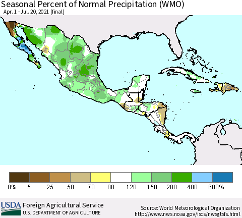 Mexico Central America and the Caribbean Seasonal Percent of Normal Precipitation (WMO) Thematic Map For 4/1/2021 - 7/20/2021