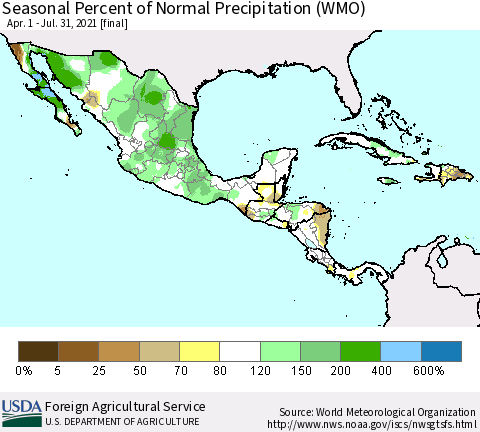 Mexico Central America and the Caribbean Seasonal Percent of Normal Precipitation (WMO) Thematic Map For 4/1/2021 - 7/31/2021