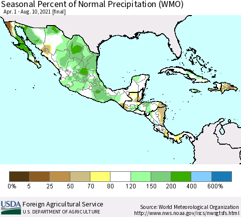 Mexico Central America and the Caribbean Seasonal Percent of Normal Precipitation (WMO) Thematic Map For 4/1/2021 - 8/10/2021