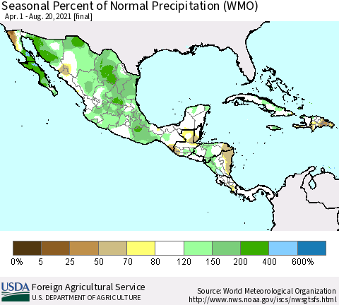 Mexico Central America and the Caribbean Seasonal Percent of Normal Precipitation (WMO) Thematic Map For 4/1/2021 - 8/20/2021