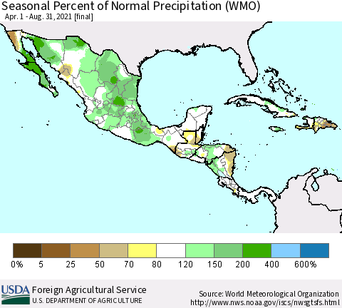 Mexico Central America and the Caribbean Seasonal Percent of Normal Precipitation (WMO) Thematic Map For 4/1/2021 - 8/31/2021