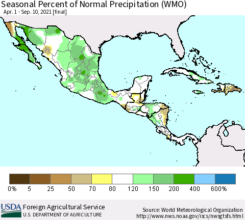 Mexico Central America and the Caribbean Seasonal Percent of Normal Precipitation (WMO) Thematic Map For 4/1/2021 - 9/10/2021