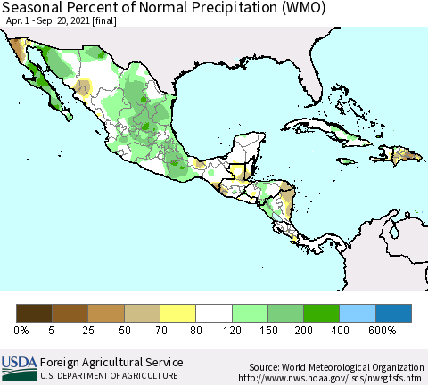 Mexico Central America and the Caribbean Seasonal Percent of Normal Precipitation (WMO) Thematic Map For 4/1/2021 - 9/20/2021