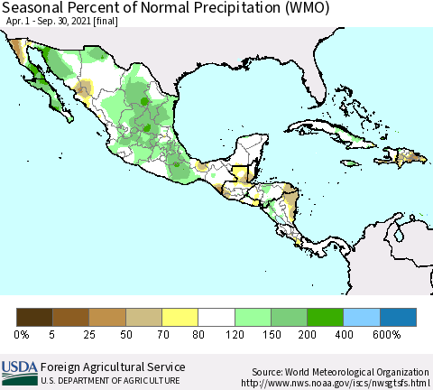 Mexico Central America and the Caribbean Seasonal Percent of Normal Precipitation (WMO) Thematic Map For 4/1/2021 - 9/30/2021