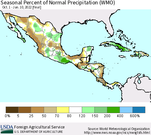 Mexico Central America and the Caribbean Seasonal Percent of Normal Precipitation (WMO) Thematic Map For 10/1/2021 - 1/10/2022