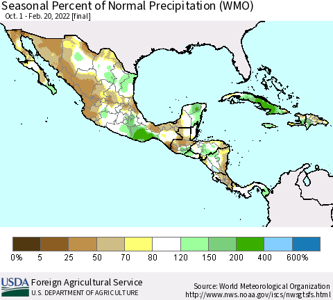 Mexico Central America and the Caribbean Seasonal Percent of Normal Precipitation (WMO) Thematic Map For 10/1/2021 - 2/20/2022