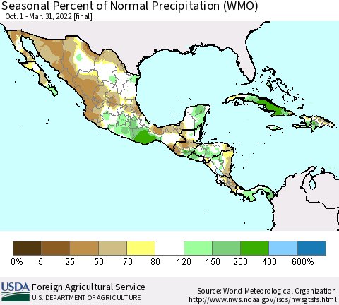 Mexico Central America and the Caribbean Seasonal Percent of Normal Precipitation (WMO) Thematic Map For 10/1/2021 - 3/31/2022