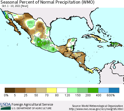 Mexico Central America and the Caribbean Seasonal Percent of Normal Precipitation (WMO) Thematic Map For 10/1/2021 - 10/10/2021