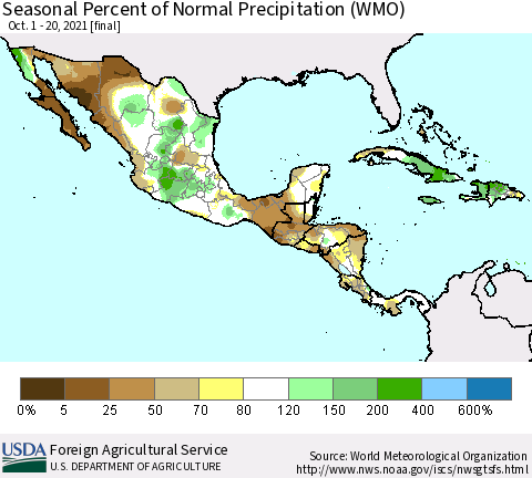 Mexico Central America and the Caribbean Seasonal Percent of Normal Precipitation (WMO) Thematic Map For 10/1/2021 - 10/20/2021
