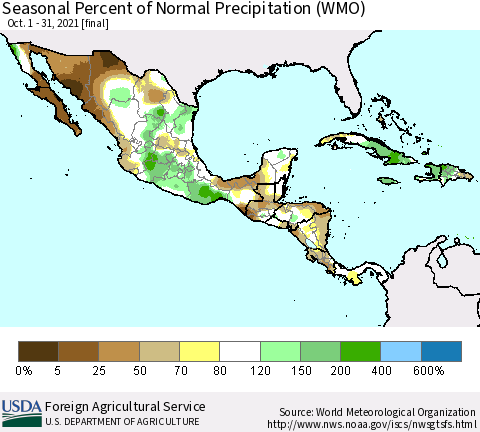 Mexico Central America and the Caribbean Seasonal Percent of Normal Precipitation (WMO) Thematic Map For 10/1/2021 - 10/31/2021