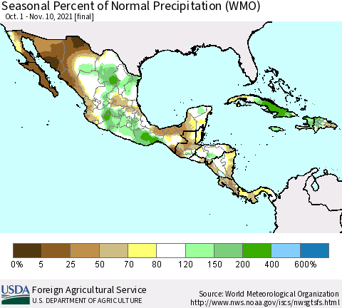 Mexico Central America and the Caribbean Seasonal Percent of Normal Precipitation (WMO) Thematic Map For 10/1/2021 - 11/10/2021