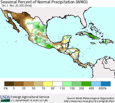 Mexico Central America and the Caribbean Seasonal Percent of Normal Precipitation (WMO) Thematic Map For 10/1/2021 - 11/20/2021