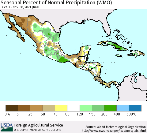 Mexico Central America and the Caribbean Seasonal Percent of Normal Precipitation (WMO) Thematic Map For 10/1/2021 - 11/30/2021