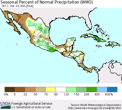 Mexico Central America and the Caribbean Seasonal Percent of Normal Precipitation (WMO) Thematic Map For 10/1/2021 - 12/10/2021
