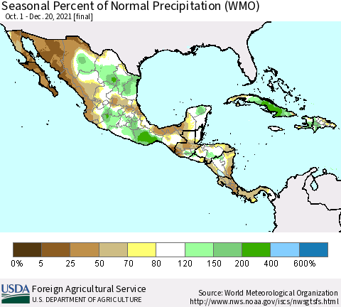 Mexico Central America and the Caribbean Seasonal Percent of Normal Precipitation (WMO) Thematic Map For 10/1/2021 - 12/20/2021