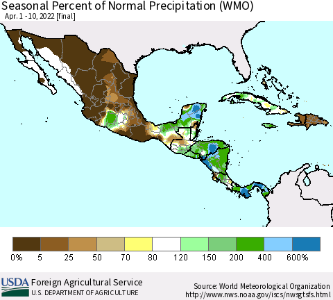 Mexico Central America and the Caribbean Seasonal Percent of Normal Precipitation (WMO) Thematic Map For 4/1/2022 - 4/10/2022