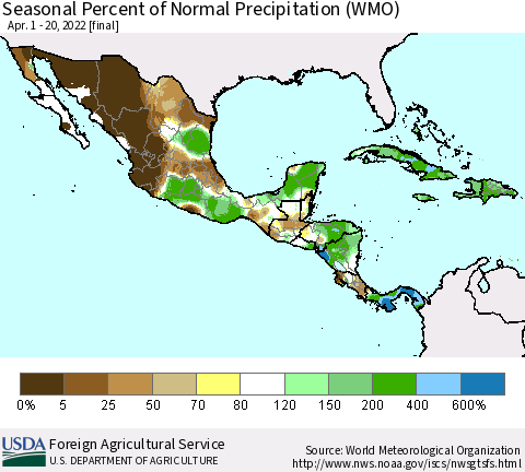 Mexico Central America and the Caribbean Seasonal Percent of Normal Precipitation (WMO) Thematic Map For 4/1/2022 - 4/20/2022
