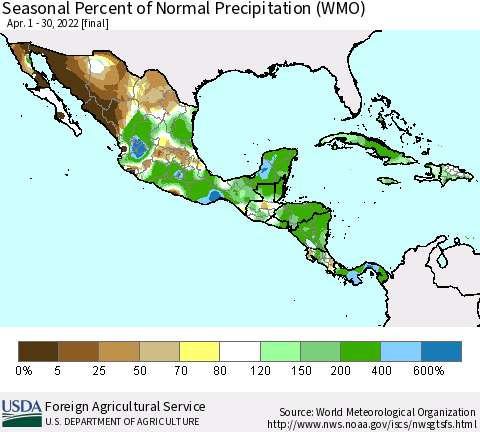 Mexico Central America and the Caribbean Seasonal Percent of Normal Precipitation (WMO) Thematic Map For 4/1/2022 - 4/30/2022